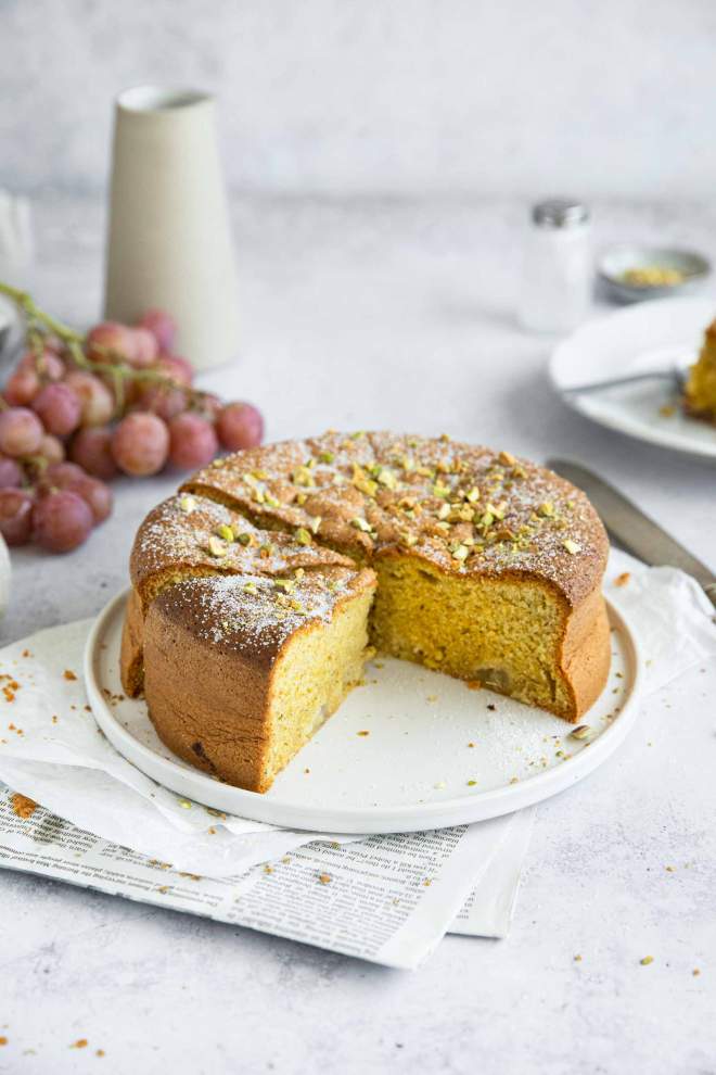 Pistachio Polenta Cake with Olive Oil and Rosemary