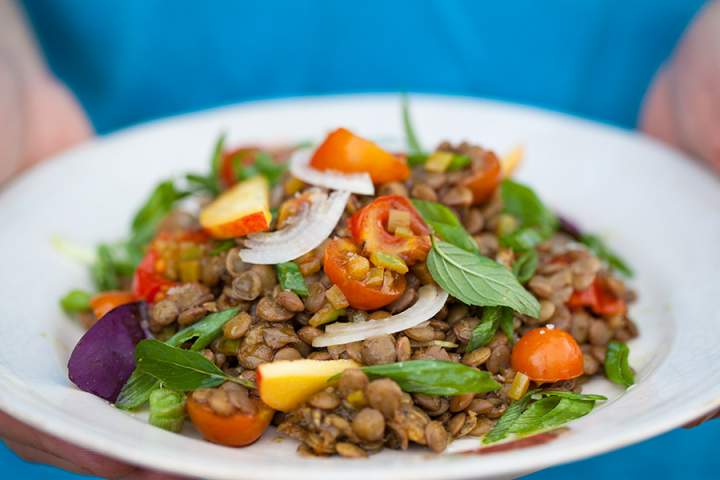 Lentil and Nectarine Salad on a plate