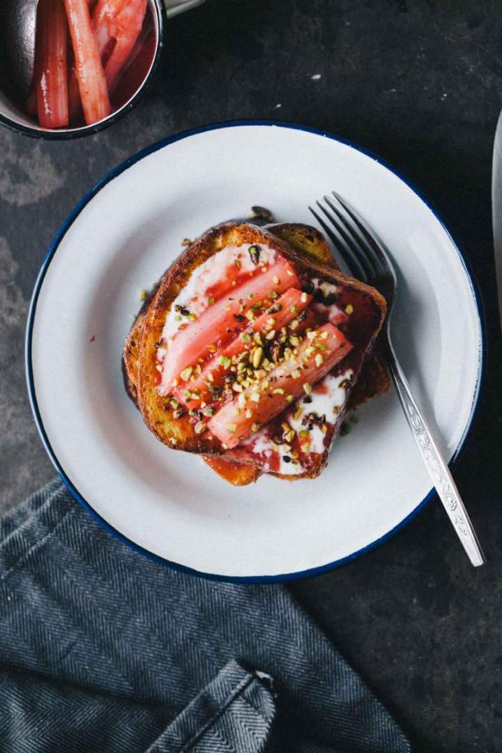 French toast with poached rhubarb and pistachios French toast with poached rhubarb and pistachios