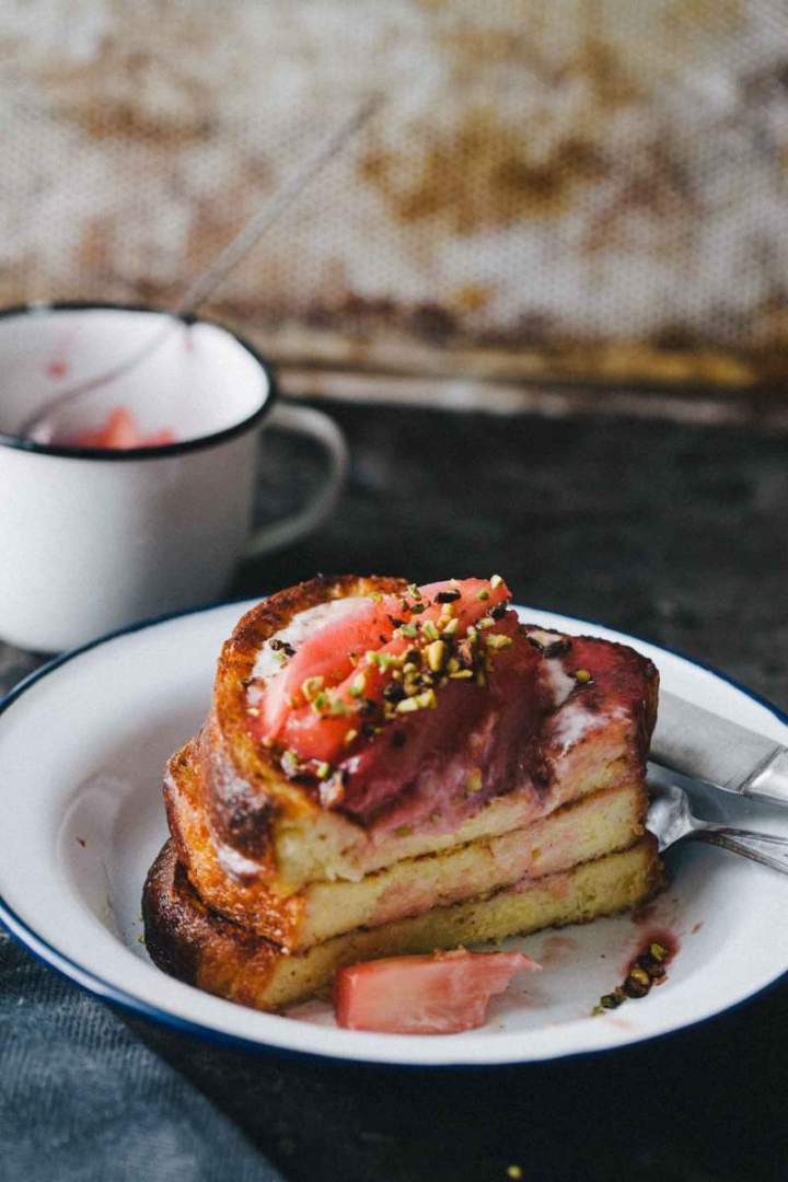 French toast with poached rhubarb and pistachios French toast with poached rhubarb and pistachios