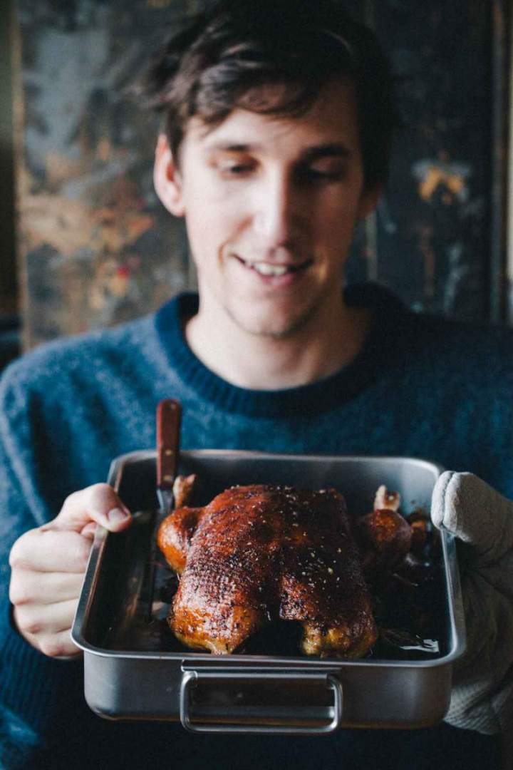 Whole Roast duck in a baking dish