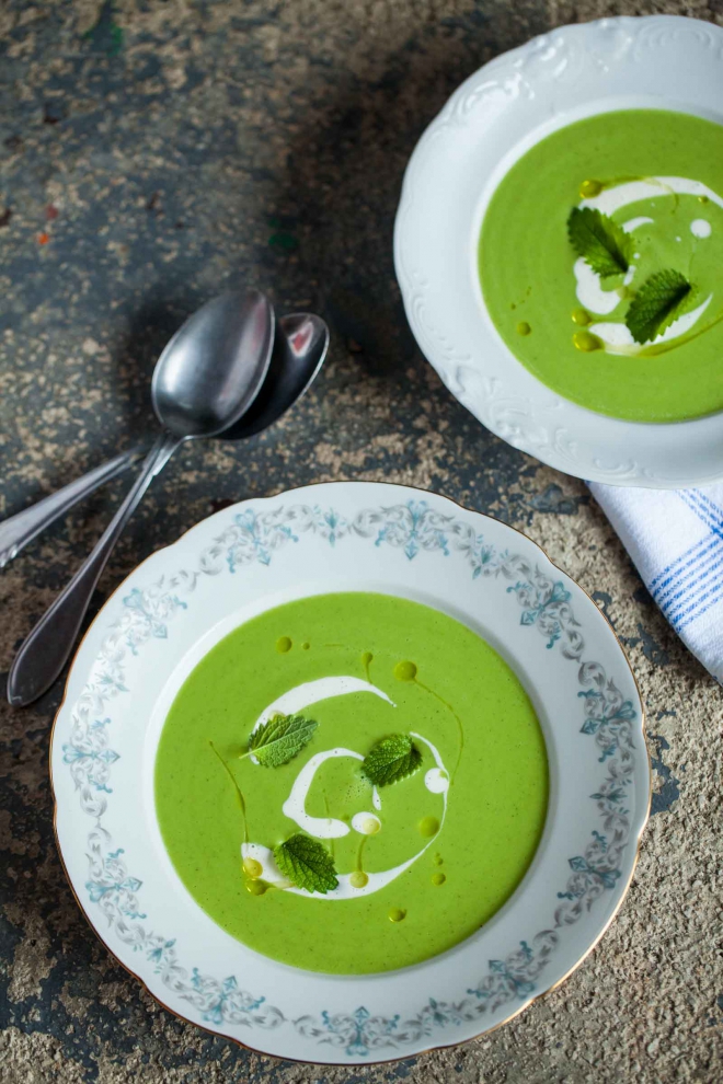 Pea Soup with Sour Cream in a bowl