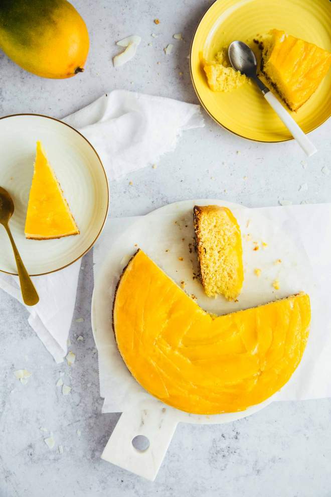 Upside down mango cake with coconut