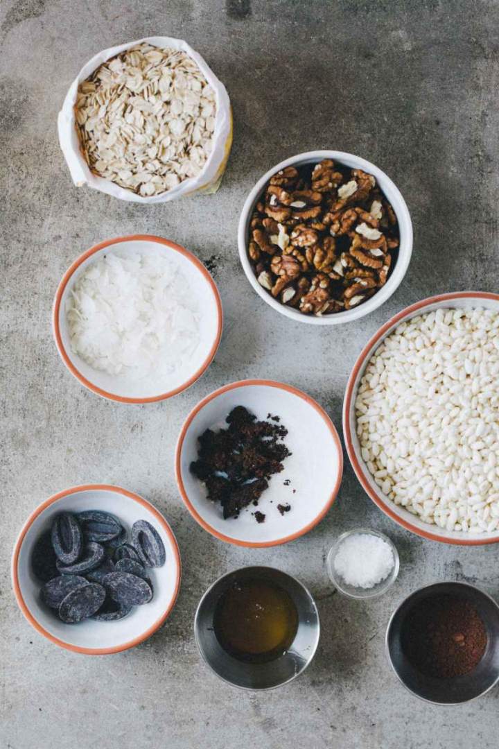 Ingredients for Dark chocolate granola with rice puffs