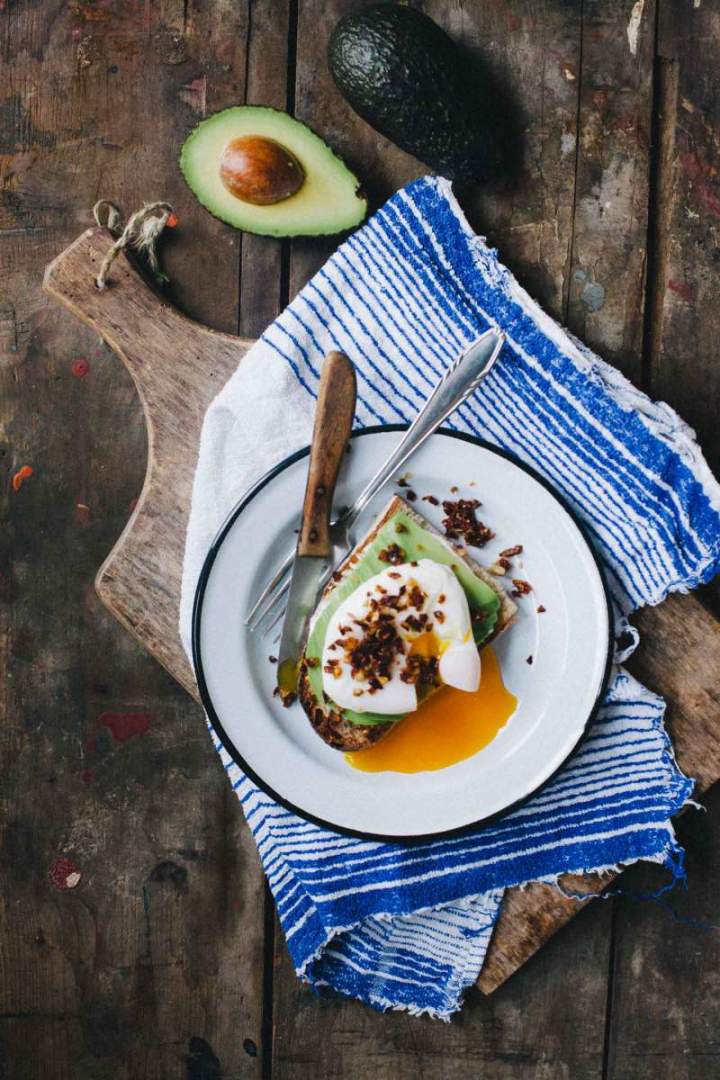 Poached eggs with avocado and tomatoes served on a plate