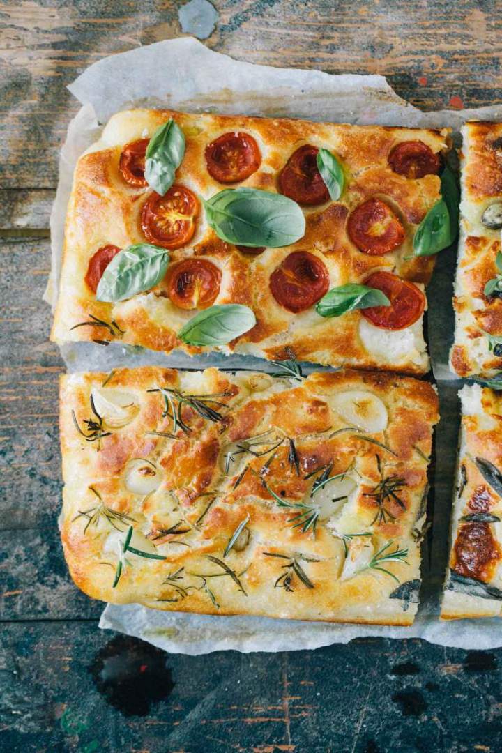 Potato focaccia with four yummy toppings ready to be served