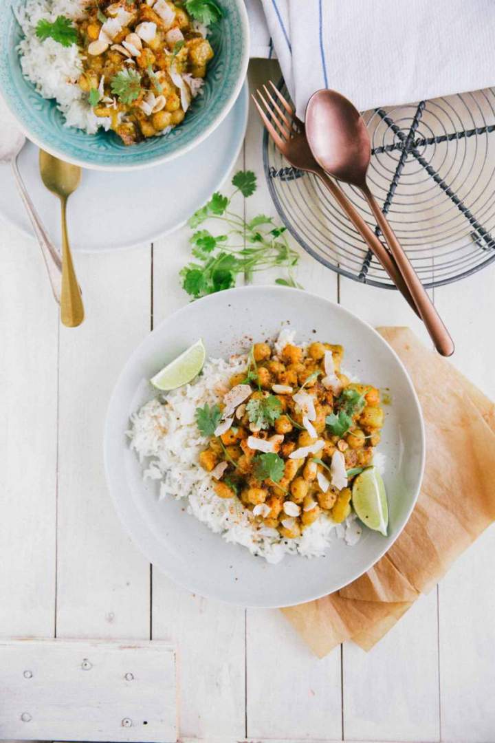 Sweet Potato and Chickpeas Curry served with Rice and Coconut